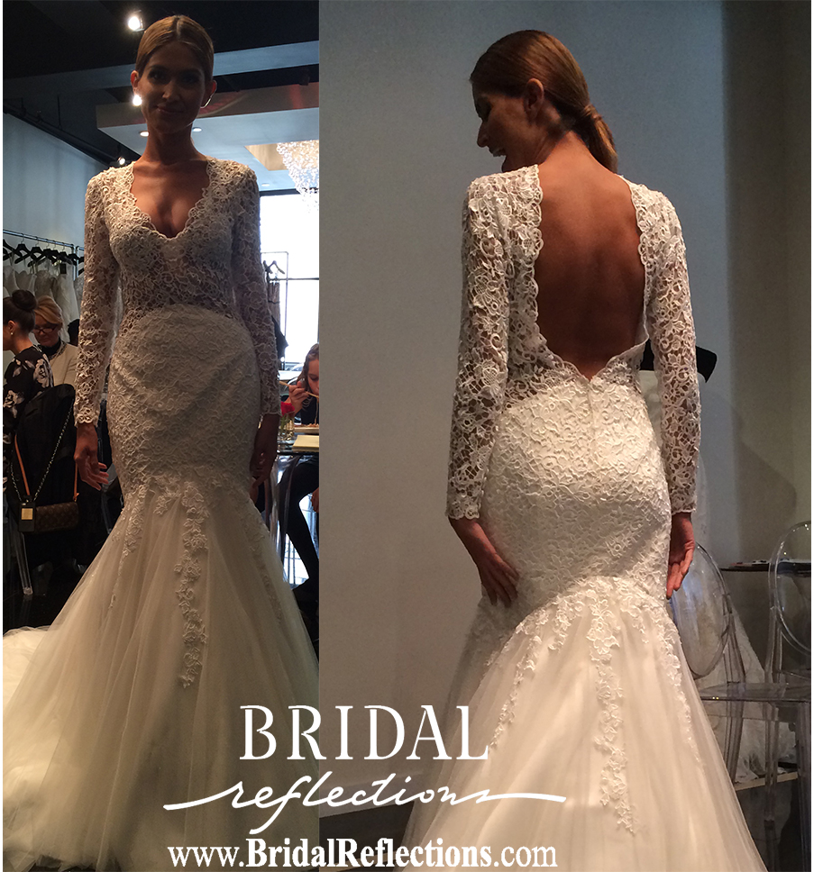 stunning fit and flare gown with plunging neckline and illusion sleeves