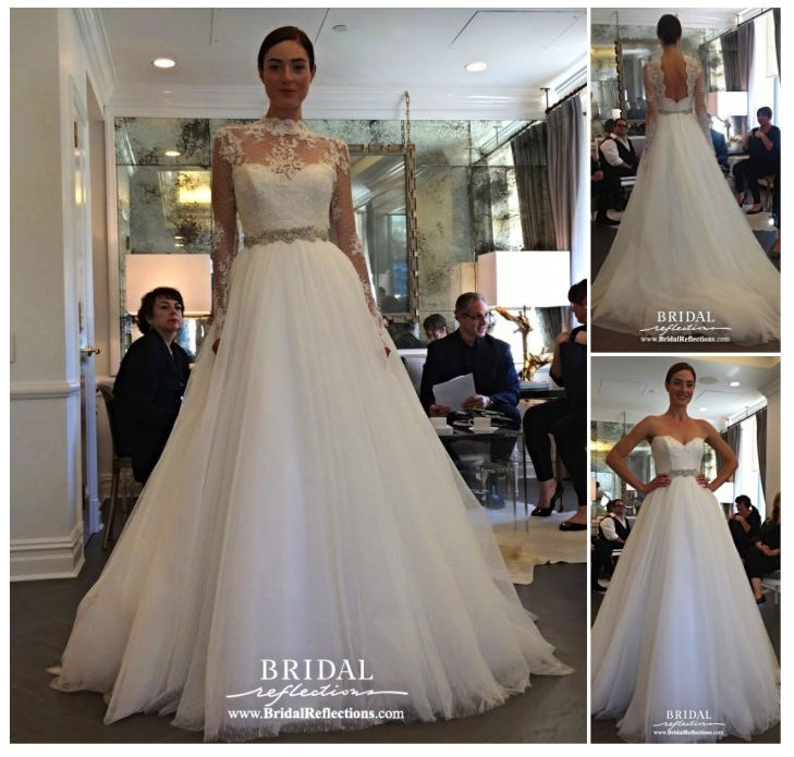 Ball gown features a sweetheart neckline made of Point d’Alencon lace