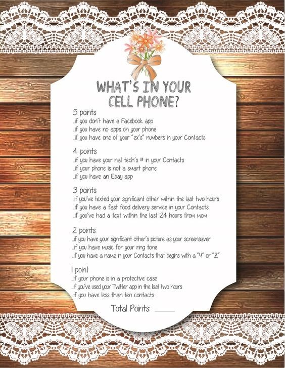 What’s In Your Cell Phone? Source: https://www.etsy.com/listing/290603587/bridal-shower-game-whats-in-your-cell?ref=shop_home_listings